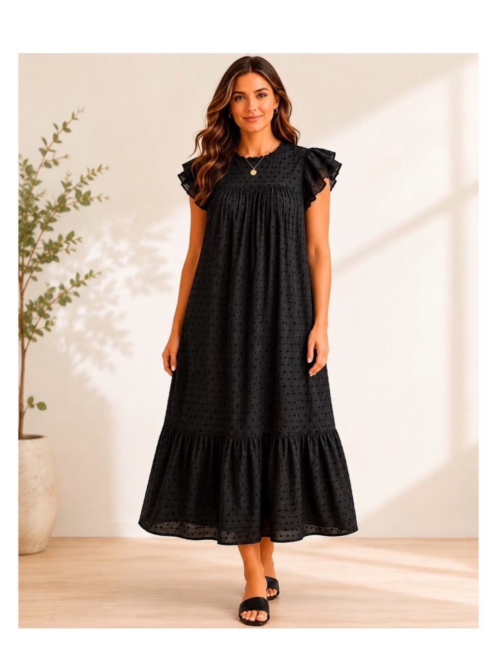 Who What Wear Black Swiss Dot Maxi Dress with Ruffle Sleeves